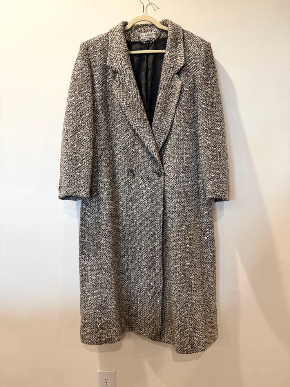 Vtg Ashley Scott Long Double Breasted Overcoat Wool Tweed Sz 14 Beige Gray